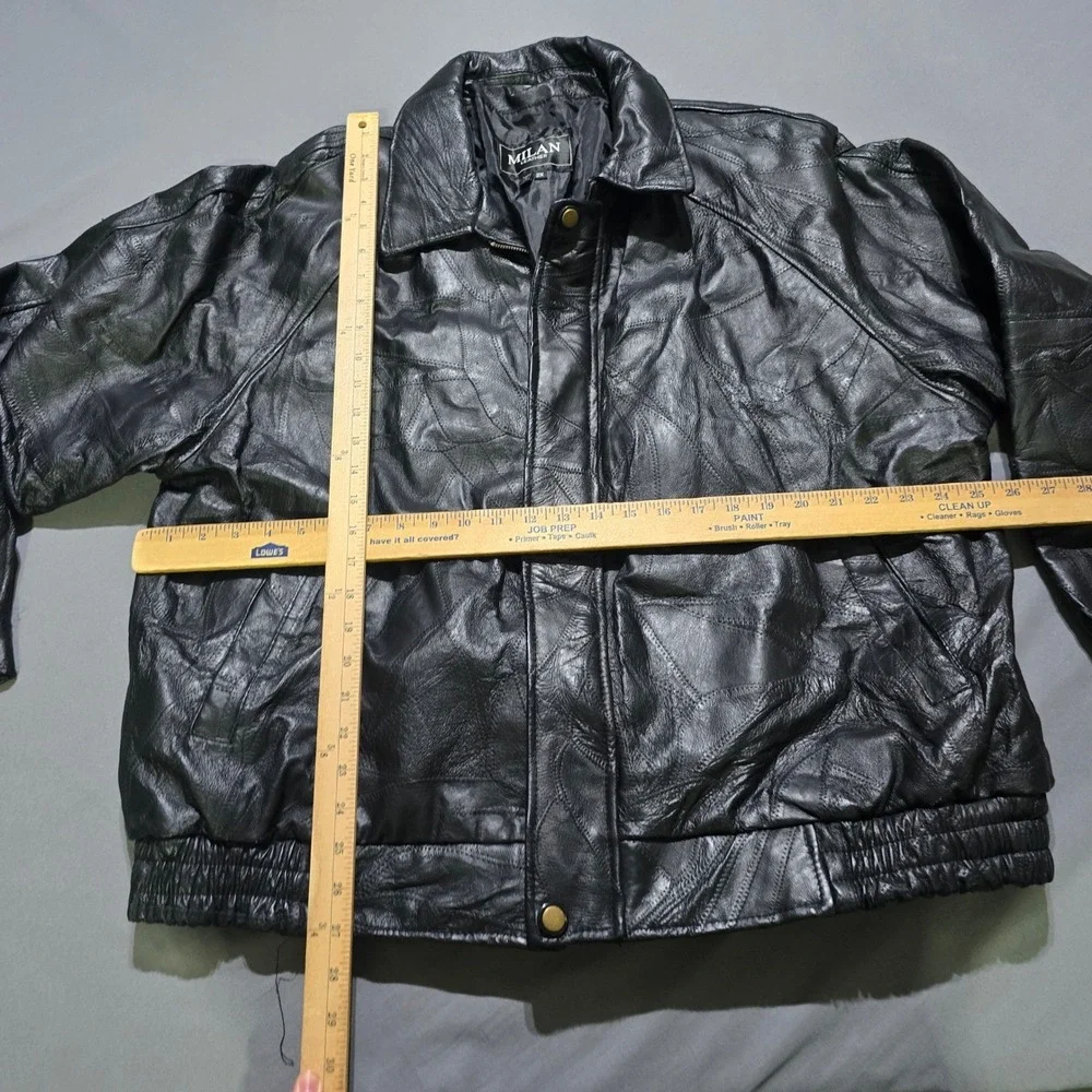 Milan Leather Bomber Jacket Mens 2X Black Patchwork Genuine Leather Moto Coat